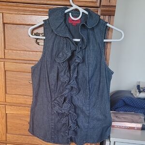 Chaps Dark Blue Ruffle Denim Sleeveless Blouse
